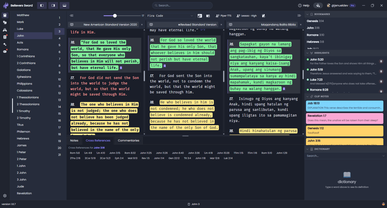 Believers Sword desktop Bible study view in the Default Dark theme